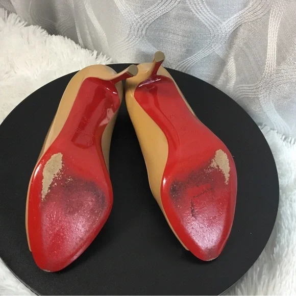 Christian Louboutin Beige Patent Peep-Toe Pumps - Picture 9 of 15